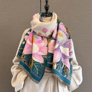 Women Elegant Vintage Oil Painting Style Floral Lotus Imitation Cashmere Scarf Thickened Warm Jacquard Tassel Shawl Wrap