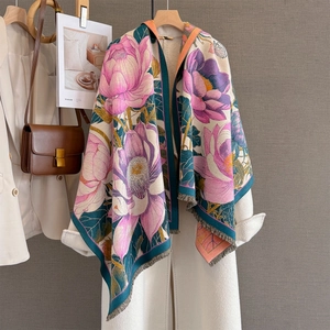 Winter floral cashmere-feel shawl with purple peony print and green border details