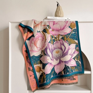 Vintage lotus jacquard scarf with fringe, elegant floral pashmina for winter warmth