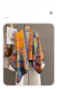 Sciarpa in finto cashmere con motivo a girasole stile pittura a olio e dettagli con frange