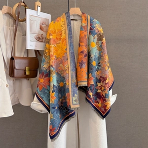 Sciarpa Floreale Pittura Ad Olio Retrò Imitazione Cashmere Jacquard Scialle Caldo Avvolgente Con Frange Donna Inverno