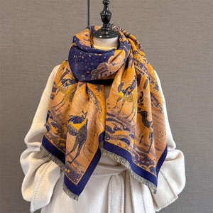 Winter faux cashmere scarf with vintage jacquard patterns and elegant fringe detailing