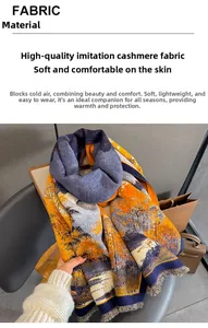 Gros plan sur une écharpe en imitation cachemire avec pompons et motif paysage