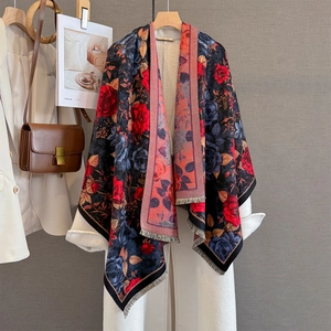 Retro Rose Jacquard Winter Scarf Shawl Thickened Warm Imitation Cashmere Flower Print Tassels Elegant Vintage Accessory