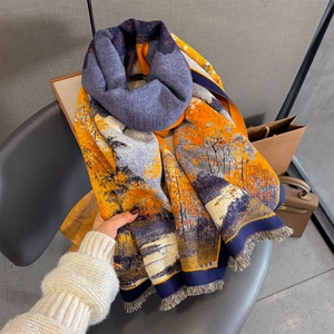 Écharpe châle à imprimé paysage avec franges douces en orange et bleu pour l'hiver