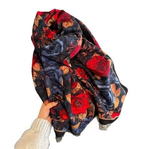 Thick vintage rose jacquard scarf with colorful floral patterns and fringe edges
