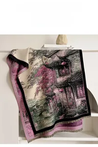 Detailed jacquard pattern of traditional scenery and blossoms on a cashmere-feel shawl
