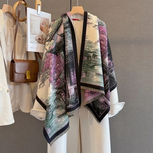 Winter Warm Imitation Cashmere Scarf Shawl Retro Landscape Oil Painting Print Tassel Wrap Pashmina For Women