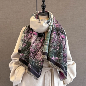 Winter cashmere-feel landscape oil painting print scarf with fringe for women