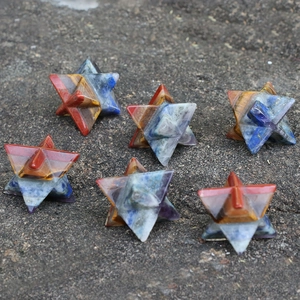 Set of 6 Merkaba star crystals made of natural multi-layered chakra stones with polished finish
