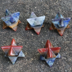Set of 5 natural layered crystal Merkaba stars featuring lapis lazuli and tiger eye stone