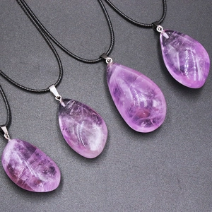 Collier Pendentif Améthyste Naturelle Goutte Pierre Cristal De Guérison Cordon De Cire Noir Bijoux Boho