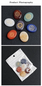 Detailed view of seven chakra natural stones with golden symbols in retail packaging