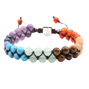 Handmade yoga chakra bracelet with natural stones and Om symbol on a white background