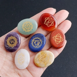 Natural Gemstone 7 Chakra Healing Crystal Energy Stones Set Engraved Yoga Symbols Polished Reiki Meditation Balance Stones