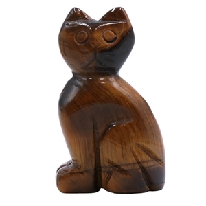 Natural tiger eye stone cat figurine carving with gold-brown textured fibrous finish