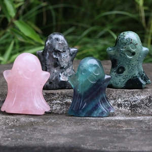 Natural Crystal Stone Hand Carved Ghost Figurines Healing Quartz Gemstone Ghost Statue Halloween Home Decor Accents