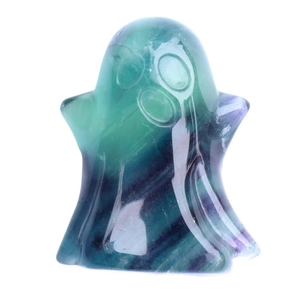 Polished fluorite ghost carving with natural green and purple bands for Halloween decor