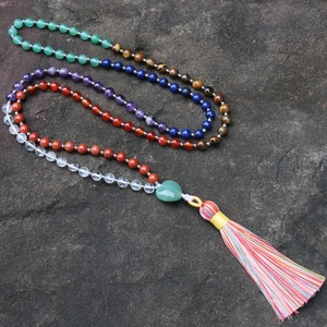 Natural Stone Chakra Mala Beads Necklace Heart Pendant Multicolored Tassel Meditation Yoga Healing Crystal Jewelry