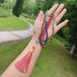 Chakra 108 beads gemstone necklace with vibrant rainbow tassel and natural crystals