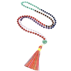 Chakra 108 mala beads necklace with green heart charm and colorful tassel accent