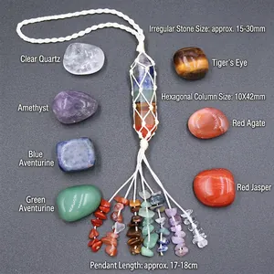 7 Chakra natural crystal wall hanging with hexagonal prism and raw gemstones