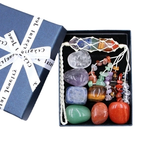 Chakra natural crystal stone set with hexagonal pillar pendant in a blue gift box