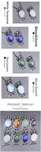 Detailed macro view of owl pendants inlaid with various natural gemstones and crystals