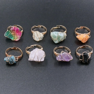 Eight-piece set of handmade gold wire-wrapped natural crystal raw stone rings with adjustable bands