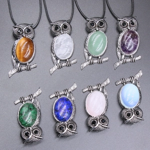 Owl Pendant Necklace Natural Crystal Amethyst Tiger Eye Inlaid Antique Silver Alloy Ethnic Retro Jewelry For Women With Cord