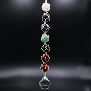 Chakra natural stone pendant with faceted crystal ball and beige woven rope decoration