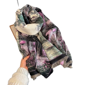 Winter faux cashmere scarf featuring a realistic landscape print and tassel edges