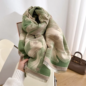 Winter forest green floral jacquard scarf with fringe and soft cashmere-like texture