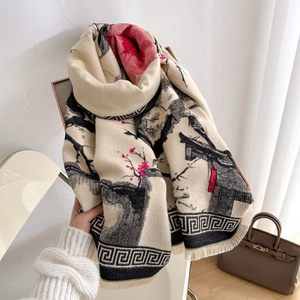 Winter plum blossom jacquard scarf with retro ink print and elegant fringe edges