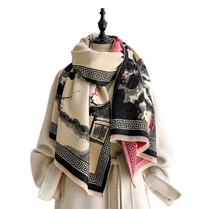 Thick faux cashmere scarf with vintage Chinese ink plum blossom painting and classic border