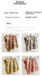 Detail view of four-color faux cashmere scarves with landscape prints and 185x67cm dimensions