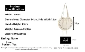 Detailed dimensions of the round canvas tote bag with drawstring closure and A4 capacity