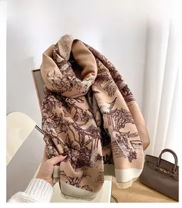 Detail of winter cashmere-like shawl featuring traditional Chinese landscape painting print