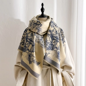 Winter faux cashmere scarf with landscape print and tassels in beige and grey blue