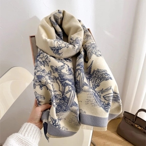 Winter beige cashmere scarf with blue landscape toile pattern and fringe details