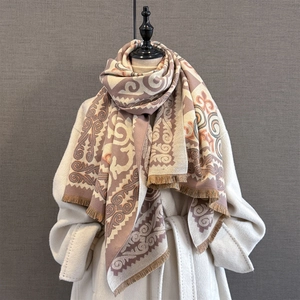 Thick vintage geometric jacquard scarf with tassels shown on a white coat