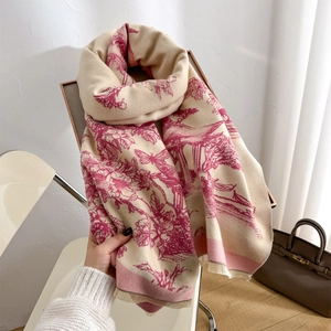 Warm landscape print pashmina shawl with fringes in beige and pink toile de jouy pattern