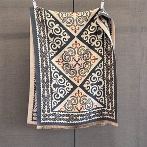 Detail of vintage geometric jacquard knitting with ethnic patterns and tassels