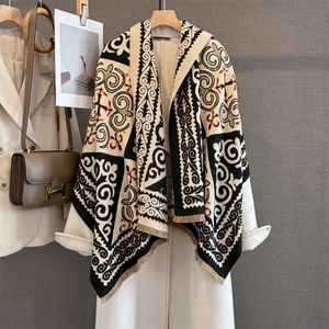 Vintage geometric jacquard scarf and shawl with thick ethnic pattern for winter warmth