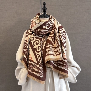 Detailed view of the thick winter scarf showing intricate jacquard patterns and soft fringe