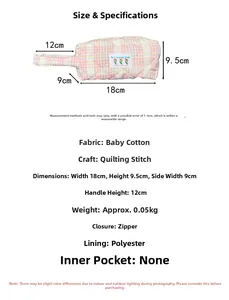 Detailed size specifications and material parameters of the quilted cotton handbag