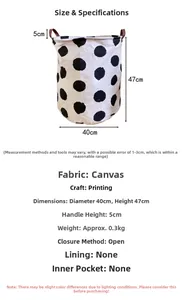 Detailed size specifications for a foldable canvas storage basket with black polka dots