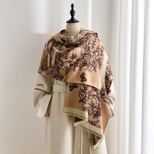 Winter Thick Warm Faux Cashmere Scarf Shawl Vintage Landscape Toile De Jouy Print Tassel Pashmina Wraps For Women