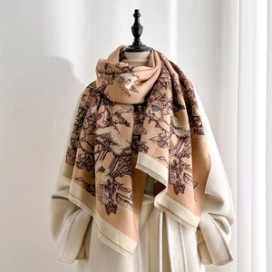 Winter faux cashmere scarf with vintage landscape print and fringe trim for women