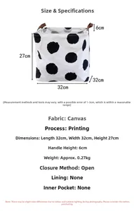 Detailed dimensions and specifications of the foldable polka dot canvas storage basket